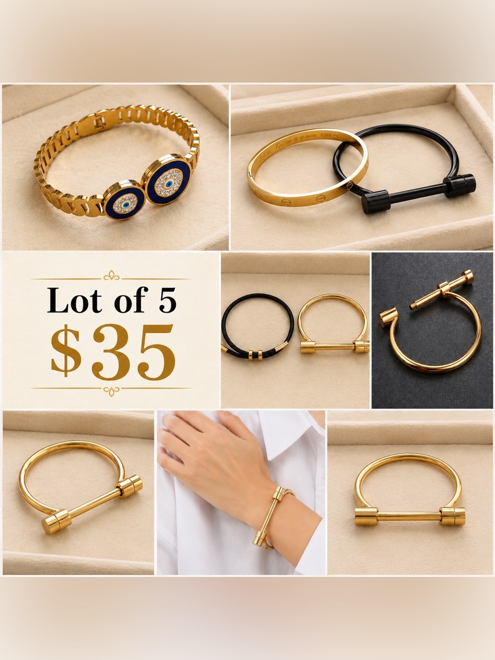 Women’s Gold & Black Bracelet Set - 5-Piece Fashion Collection
